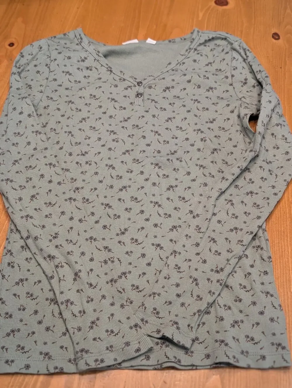 Gap Kids V-Neck Ribbed Henley, Sage Green, Blue Flowers, Girl's XXL 14/15, LN